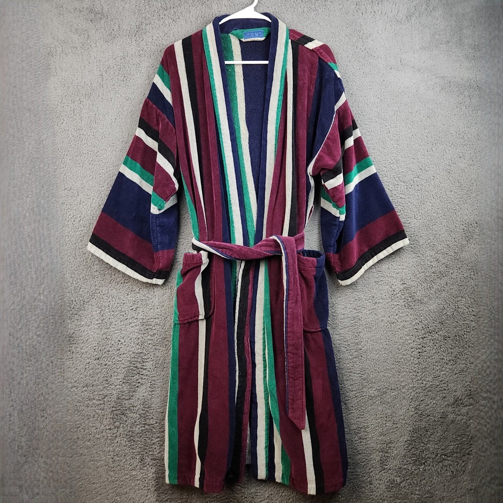 Vintage 80's  Terrycloth Thick Heavy Cotton Bathrobe Tie Belt Pockets Striped